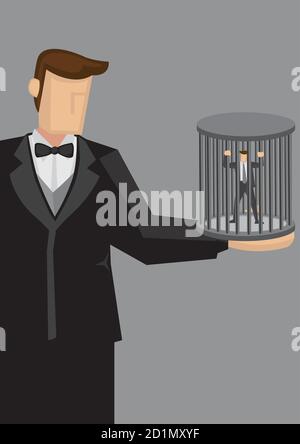 Un homme de dessin animé tient une cage humaine avec un petit homme d'affaires emprisonné à l'intérieur. Illustration vectorielle sur le concept d'être tenu captif par une plus grande force iso Illustration de Vecteur