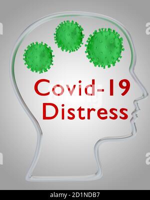 Illustration 3D de la silhouette de la tête contenant le texte Covid-19 Distress uder trois particules de coronavirus , isolées sur un gradient gris. Banque D'Images