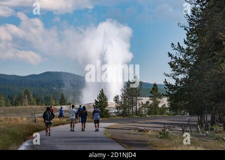 En appréciant Old Faithful, Upper Geyser Basin, parc national de Yellowstone, Wyoming, États-Unis Banque D'Images