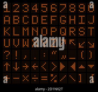 Lettres latines, chiffres, signes de ponctuation et d'orthographe sous la forme d'un tableau de bord électronique dans une lueur orange. Illustration vectorielle. Illustration de Vecteur