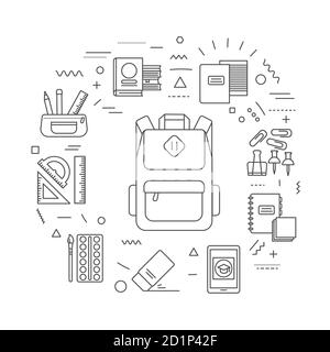 Bannière Web fournitures scolaires. École, fournitures de bureau. Infographies avec icônes linéaires sur fond bleu. Concept d'idée créative. Contour isolé noir Illustration de Vecteur