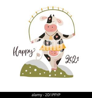 Noël mignon dessin animé vache. Poster vectoriel avec lettrage dessiné à la main - Happy 2021. Imprimé animal et vêtement blanc. Affiche du nouvel an. Illustration de Vecteur