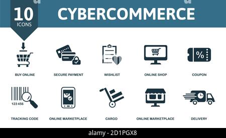 Jeu d'icônes de cybercommerce. La collection contient des coupons, des listes de souhaits, une boutique en ligne, un paiement sécurisé et des icônes. Ensemble d'éléments de cybercommerce Illustration de Vecteur