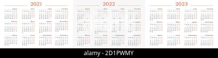 Modèle de calendrier pour 2021, 2022, 2023 en espagnol. Jeu de modèles de vecteur horizontal. Conception simple et propre Illustration de Vecteur