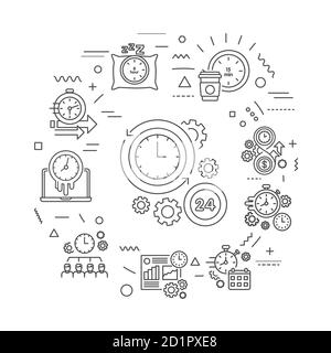 Bannière Web de gestion du temps. Planification et contrôle du temps de travail et du temps personnel. Infographies avec icônes linéaires sur fond rose. Contour isolé Illustration de Vecteur