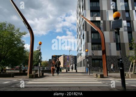 Zebra traversant Old Mill Street menant à la marina de New Islington, Manchester, Royaume-Uni. Weavers Quay appartements Banque D'Images