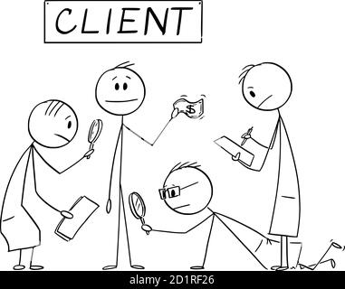 Vecteur dessin de dessin de dessin de dessin de figure illustration conceptuelle des hommes d'affaires scientifiques analysant les besoins du client ou du client apportant de l'argent à l'entreprise. Marketing,profit,finance,marketing. Illustration de Vecteur