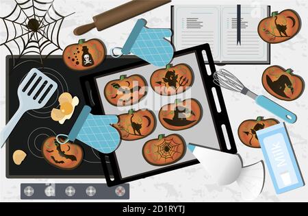 Vue de dessus de la table avec des biscuits pour Halloween. Illustration vectorielle d'une table de cuisine avec des citrouilles en pain d'épice pour des vacances. Citrouilles de dessin animé avec une photo de chauves-souris, un chapeau de sorcière, un chat noir, un diable, une bouteille de poison, toile d'araignée sur des bonbons pour les enfants. Trucs et gâteries Illustration de Vecteur