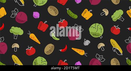 motif sans couture avec icônes de légumes illustrations claires et colorées simples, effet dessiné à la main, fond sombre Illustration de Vecteur