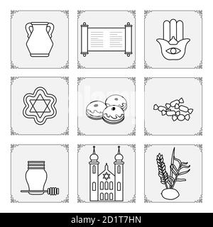 Illustration vectorielle fêtes juives symboles traditionnels Torah scroll, bocal à huile, biscuits Star of David, beignets, amulette hamsa, bonbons, miel, synagogue, le Illustration de Vecteur