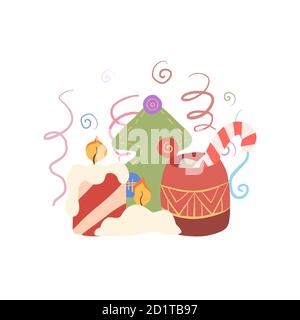 Carte de Noël et du nouvel an. Motif plat avec cadeau, bougie, sapin et tasse de lait de poule et guimauve. Illustration vectorielle pour cartes postales, autocollants, impression, Illustration de Vecteur