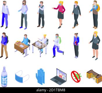 Quarantaine dans l'ensemble d'icônes d'école, style isométrique Illustration de Vecteur