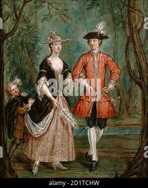 MARBLE HILL HOUSE, Richmond-upon-Thames. 'Lady and Gentleman with a page' vers 1750-55, par Marcellus LAROON le plus jeune (1679-1774). Huile sur toile. Probablement une scène théâtrale non identifiée. Banque D'Images
