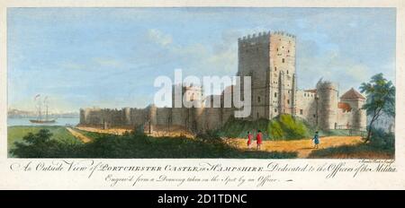 Château de PORTCHESTER, Hampshire. 'Une vue extérieure du château de Portchester dans le Hampshire. Dédié aux officiers de la Milice. Gravé d'un dessin pris sur place par un officier.' Gravure colorée par James Peake en 1720. COLLECTION MAYSON BEETON Banque D'Images