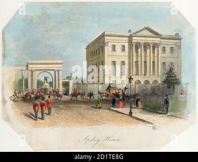 APSLEY HOUSE, Piccadilly, Hyde Park Corner, Londres. 'Apsley House'. Gravure de couleur de ligne datée de 1850. Construite à l'origine par Robert Adam en 1771-8, en 1830, la maison Apsley avait été agrandie et réaménagée par Benjamin Dean Wyatt pour devenir la résidence principale du duc de Wellington à Londres. L'écran Hyde Park adjacent a été construit entre 1822-25 par Decimus Burton. COLLECTION MAYSON BEETON Banque D'Images