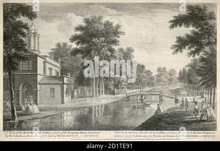 CHISWICK HOUSE, Burlington Lane, Hounslow, Londres. 'Une vue sur la partie arrière de la Cassina et une partie de la rivière Serpentine terminée par la cascade dans le jardin du comte de Burlington à Chiswick.' Légende également en français. La Cassina (petite maison) est également connue sous le nom de Bagnodo (maison de bain). La rivière Serpentine a été créée par l'aménagement paysager et la canalisation du ruisseau Bollo. Gravure datée de 1750. COLLECTION MAYSON BEETON Banque D'Images