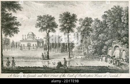 CHISWICK HOUSE, Burlington Lane, Hounslow, Londres. 'Vue de la cascade et du front ouest de la maison du comte de Burlington à Chiswick'. La rivière Serpentine, qui se termine dans la cascade, a été créée par l'aménagement paysager et la canalisation du ruisseau Bollo. Gravure datée de 1750. COLLECTION MAYSON BEETON Banque D'Images