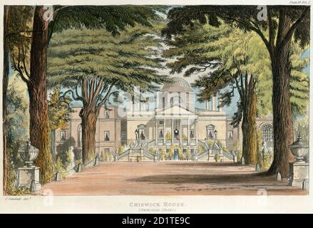 CHISWICK HOUSE, Burlington Lane, Hounslow, Londres. 'Front principal'. Gravure couleur aquatint en date de 1823. COLLECTION MAYSON BEETON Banque D'Images