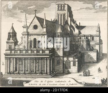 CATHÉDRALE SAINT-PAUL, cimetière St-Paul, ville de Londres. Vue sur l'extrémité ouest de la vieille cathédrale avant le feu de 1666. Gravure en ligne de 'les délices de la Grand Bretagne...' par James Beeverell 1707. De la collection Mayson Beeton. Banque D'Images