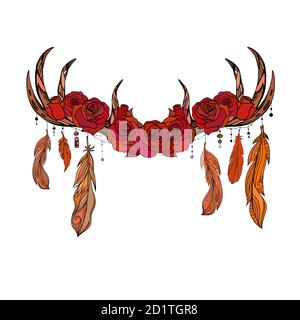 Dessin natif de couleur de bois de cerf avec des plumes et des roses. Illustration tribale. Elément de boho vectoriel pour cartes, cadres, invitations, impression de t-shirts Illustration de Vecteur