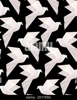 Texture sans couture avec papier blanc origami colombes sur fond noir. Vol d'oiseaux libres. Motif 3d vectoriel pour tissus, fonds d'écran et pour votre creat Illustration de Vecteur