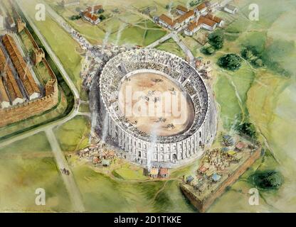 AMPHITHÉÂTRE ROMAIN DE CHESTER, CHESHIRE. Dessin de reconstruction avec vue aérienne par Peter Dunn (English Heritage Graphics Team) de l'amphithéâtre en c.100 AD Banque D'Images