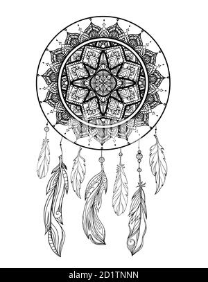 Illustration mystique d'un dreamcatcher avec un motif de tracerie de boho, plumes avec perles sur un fond blanc. Carte tribale de magie vectorielle pour colorier Illustration de Vecteur