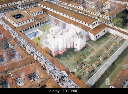 WROXETER VILLE ROMAINE, SHROPSHIRE. Vue aérienne reconstuction dessin des bains au 2ème siècle AD par Ivan Lapper. Banque D'Images