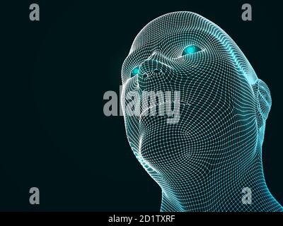 Tête de vecteur 3D à partir de la grille. Intelligence artificielle. Conception de faces géométriques 3D. Illustration biométrique Illustration de Vecteur