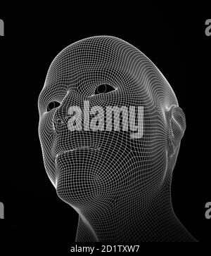 Tête de vecteur 3D à partir de la grille. Intelligence artificielle. Conception de faces géométriques 3D. Illustration biométrique Illustration de Vecteur