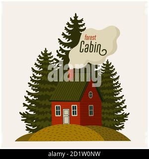 Cabine forestière. Maison en bois et pins sur fond clair Illustration de Vecteur