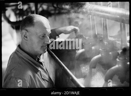 McMullen's Brewery, Hartham Lane, Hertford, Hertfordshire. Un employé contrôlant le moût chaud qui coule dans les robinets de la brasserie Hertford de McMullen. Banque D'Images