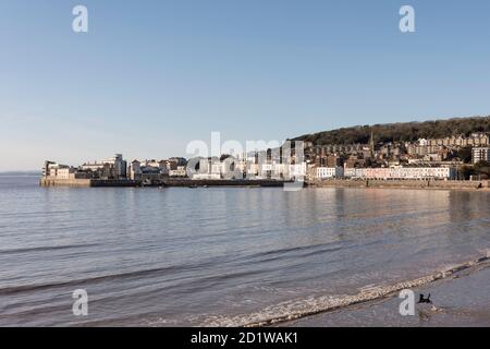 KNightstone Island, Weston-Super-Mare, Somerset Nord. Vue générale du nord-ouest sur Weston Bay vers Knightstone Island, à marée haute, avec un chien jouant sur la plage en premier plan. Banque D'Images