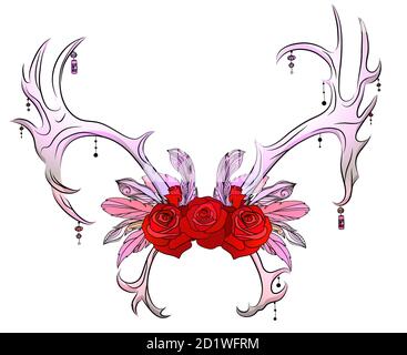 Dessin de couleur de bois de cerf avec des plumes, des perles et des roses. Illustration tribale. Elément de boho vectoriel pour cartes, invitations, impression de t-shirts et vous Illustration de Vecteur