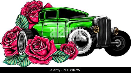 Voiture de Pâques. Automobile rétro conduisant un bouquet de tulipes. Illustration vectorielle dessinée à la main. Illustration de Vecteur