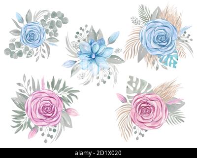 Collection de mariage Clipart Boho avec bouquet de fleurs. Ensemble de verdure rose fleur magnolia Illustration de Vecteur