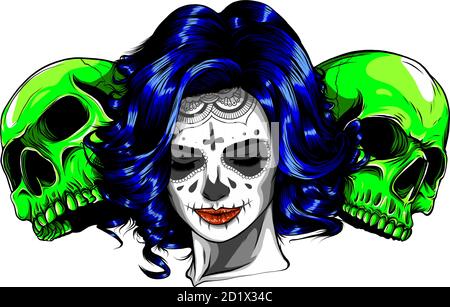 Fille morte avec deux crânes de sucre. Vecteur Illustration de Vecteur