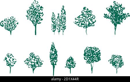 Ensemble de vecteurs de linocut d'arbres fruitiers. Silhouettes vertes isolées sur blanc Illustration de Vecteur