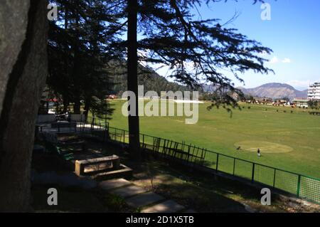 Le terrain de golf vert de Shimla, Himachal Pradesh avec des montagnes, des arbres et des bâtiments en arrière-plan, concentration sélective Banque D'Images