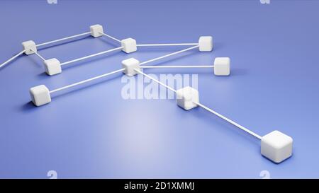 Connexions ou réseau, points ou cubes connectés avec des lignes, illustration abstraite, rendu 3D, affaires, technologie, arrière-plan scientifique, bleu Banque D'Images