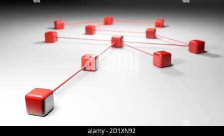 Connexions ou réseau, points rouges ou cubes reliés avec des lignes, illustration conceptuelle abstraite, rendu 3D, expérience en sciences de la technologie d'entreprise