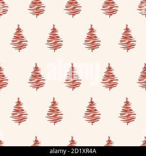 Arbres de Noël rouges motifs sans couture. Forêt verte avec pins, illustration vectorielle sans fin dessinée à la main pour le tissu et l'imprimé par sublimation Illustration de Vecteur