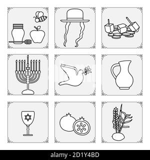 Illustration vectorielle fêtes juives symboles traditionnels miel, pomme, abeille, allures, chapeau, dreidel, pièces de monnaie, menorah chandelier, colombe, carafe d'huile, pomegrana Illustration de Vecteur