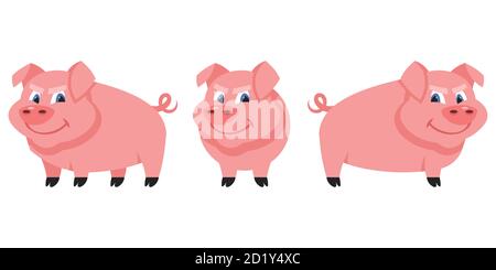 Porc dans différentes poses. Animal de ferme de style dessin animé. Illustration de Vecteur