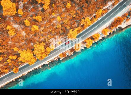 Vue aérienne de la route dans la belle forêt orange et bleu mer Banque D'Images