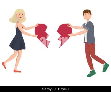 Guy et fille reliant le coeur. Personnages masculins et féminins dans un style de dessin animé. Illustration de Vecteur