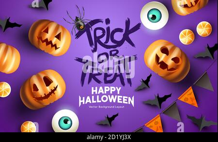 Amusant Purple Happy halloween événement maquette de fond. Y compris les chauves-souris, le bunting de fête, et la citrouille de la citrouille de la citrouille de la citrouille de la citrouille de la lanterne. Illustration vectorielle. Illustration de Vecteur