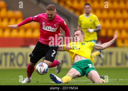 Oliver Skipp de Norwich City et Kamil Jozwiak de Derby County en action - Norwich City v Derby County, Sky Bet Championship, Carrow Road, Norwich, Royaume-Uni - 3 octobre 2020 usage éditorial seulement - restrictions DataCo Banque D'Images