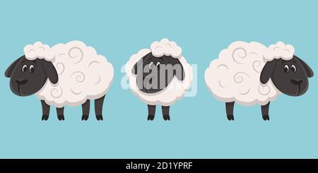 Moutons dans différentes poses. Animal de ferme de style dessin animé. Illustration de Vecteur