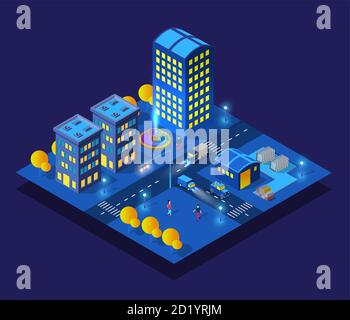Smart ville nuit néon ultraviolet ensemble de maisons de bâtiments Illustration de Vecteur